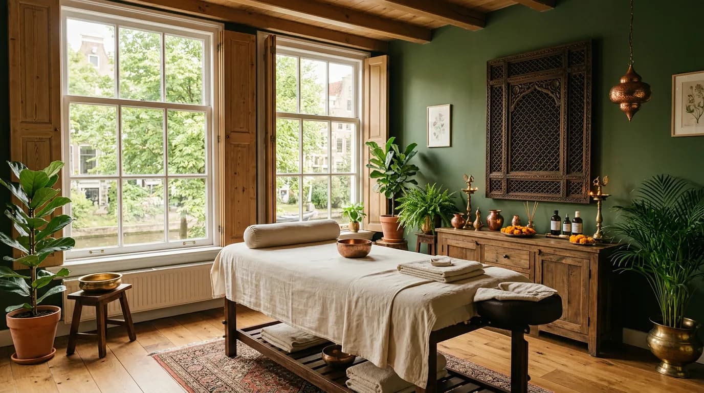 De behandelruimte van Shivani Ayurveda in Den Haag, met houten lattenwerk, planten en koperen schalen
